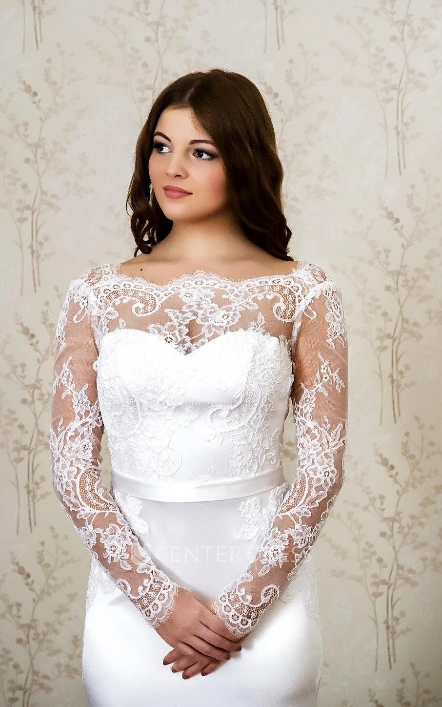 Sexy Bateau Neck Long Sleeve Mermaid Satin Wedding Dress With Lace