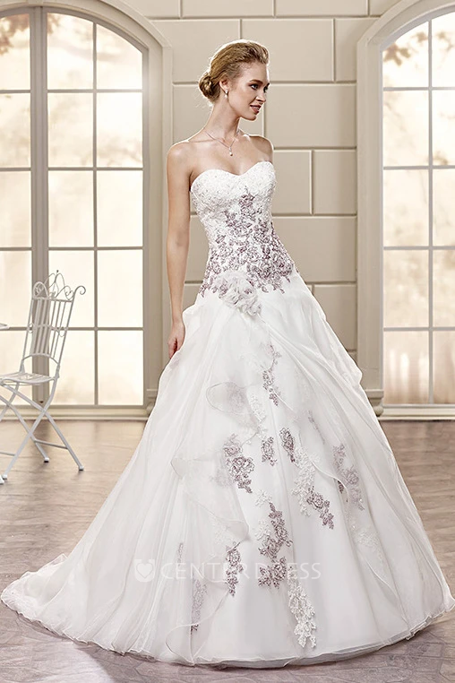 A-Line Sweetheart Floor-Length Organza Wedding Dress With Appliques And Draping