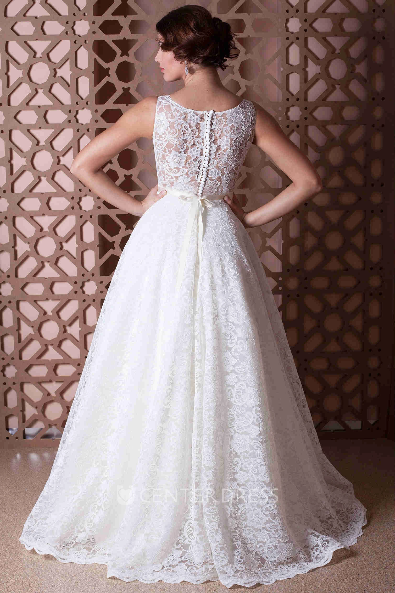A-Line Bateau-Neck Long Sleeveless Lace Spring Wedding Dress