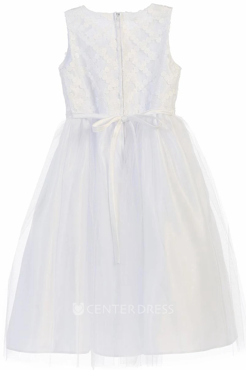Tea-Length Bowed Sleeveless Tulle&Satin Flower Girl Dress