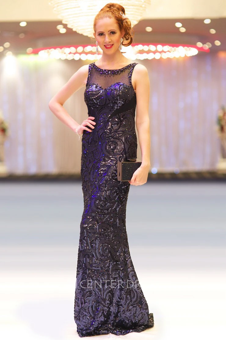Sheath Scoop-Neck Sleeveless Floor-Length Beaded Sequins Prom Dress