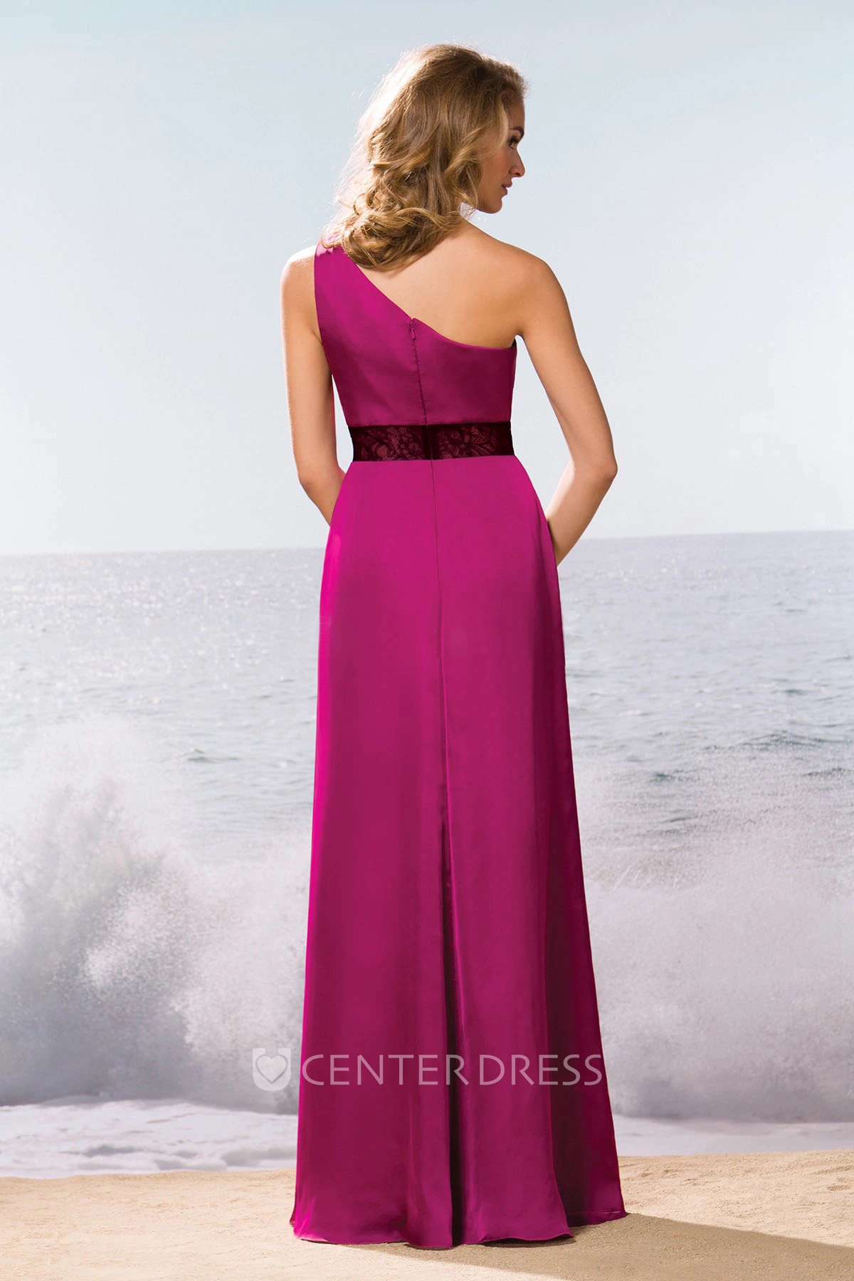 One-Shoulder Long Gown With Lace Waist And Slit Detail