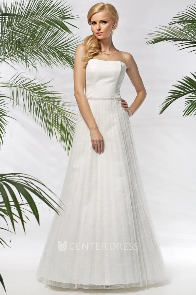 A-Line Strapless Long Pleated Satin&Tulle Wedding Dress With Waist Jewellery And Corset Back