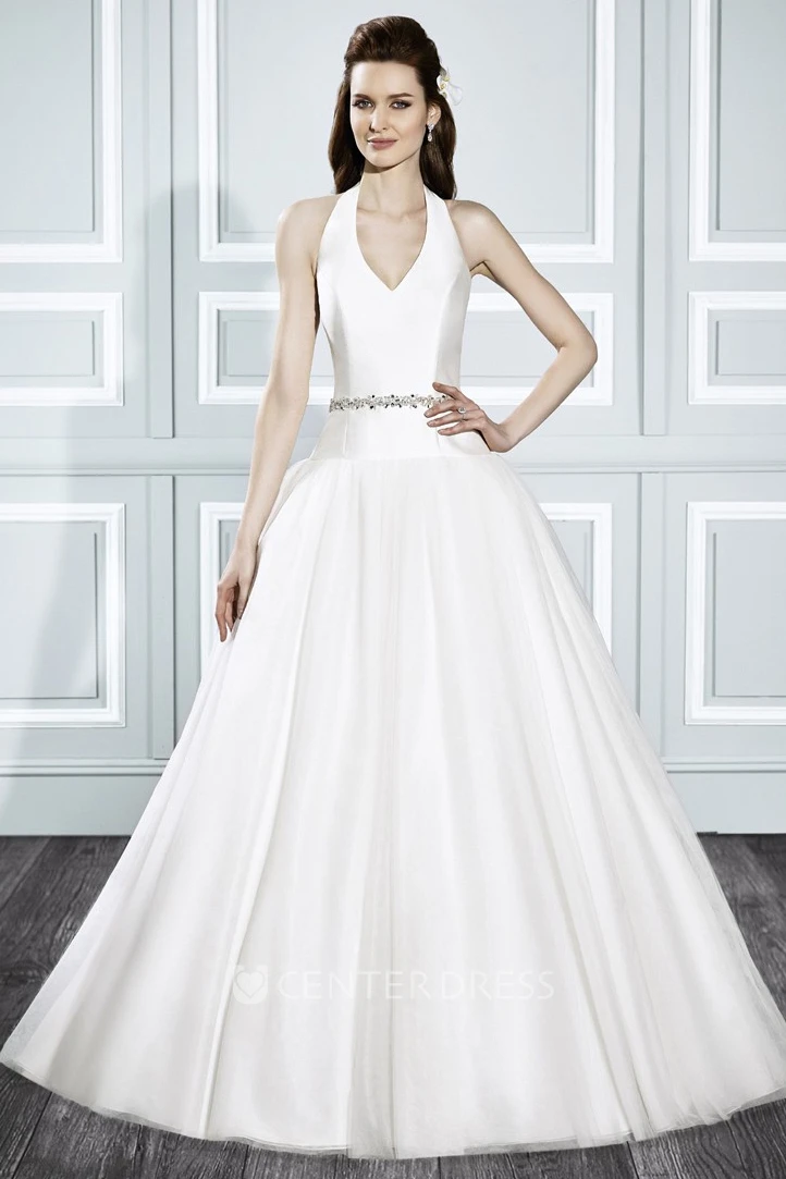 Ball-Gown Strapless Jeweled Sleeveless Long Satin Wedding Dress With Court Train And Backless Style