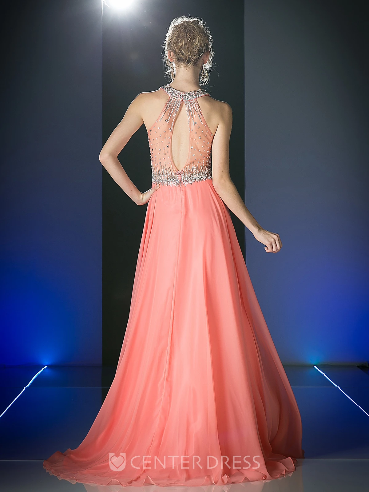 A-Line Long Scoop-Neck Sleeveless Chiffon Illusion Dress With Beading And Pleats