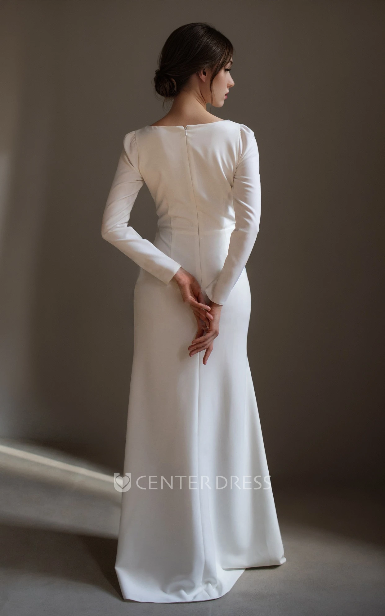 Split Sexy Simple Floor-length Long Sleeve V-neck Sheath Reception Wedding Bride Dress Zipper Back