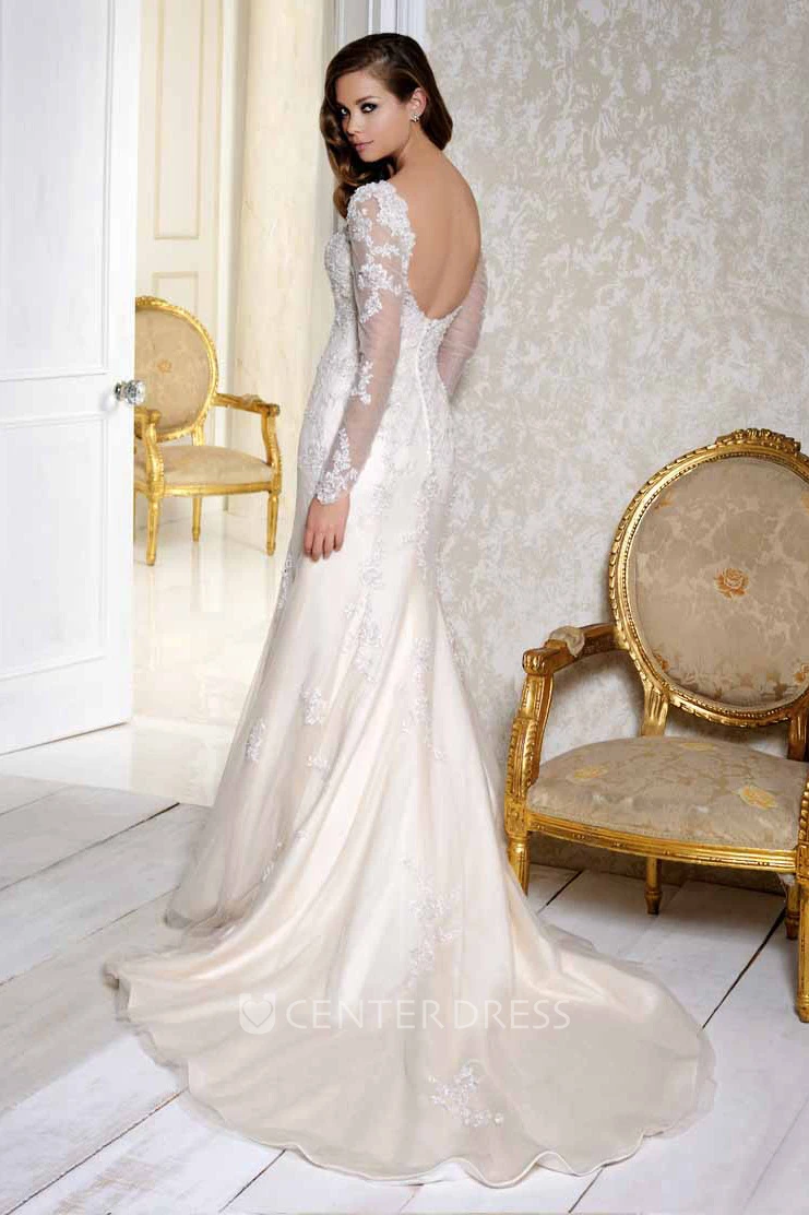 V-Neck Floor-Length Long-Sleeve Appliqued Satin&Tulle Wedding Dress