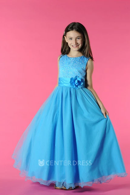 Flower Girl Scoop Neck A-line Tulle Long Dress With Waist Flower