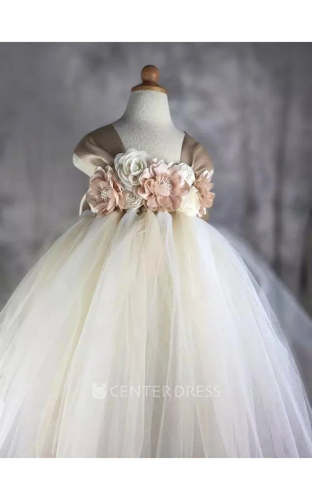 Cap Sleeve Flower Bodice Long Tulle Dress With Bow Back and Pleats