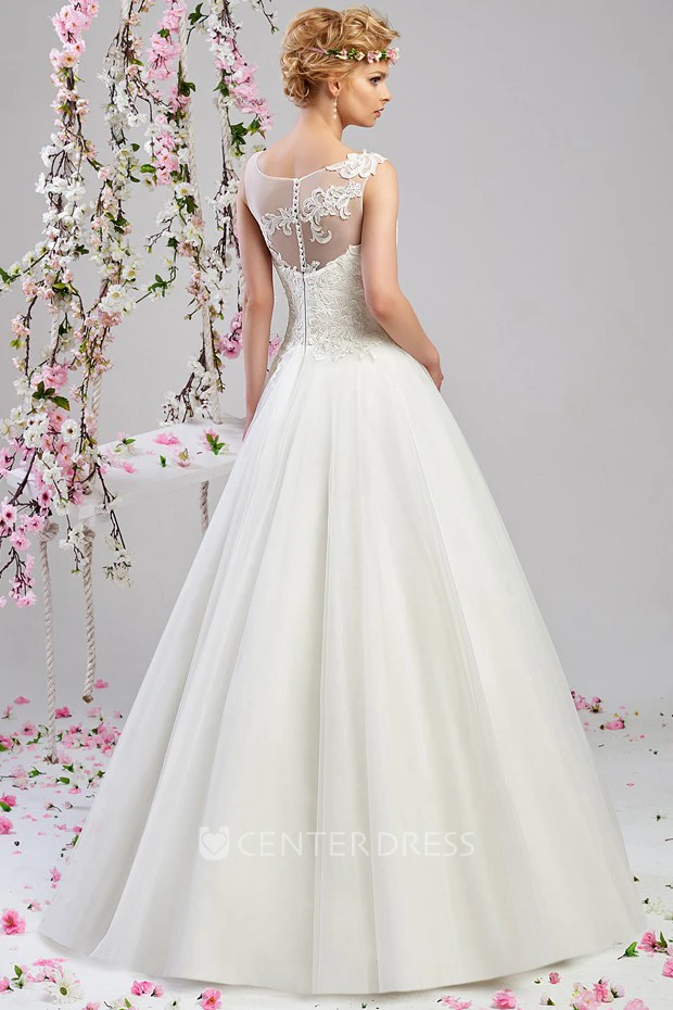 A-Line Sleeveless Appliqued Maxi Scoop-Neck Tulle&Satin Wedding Dress
