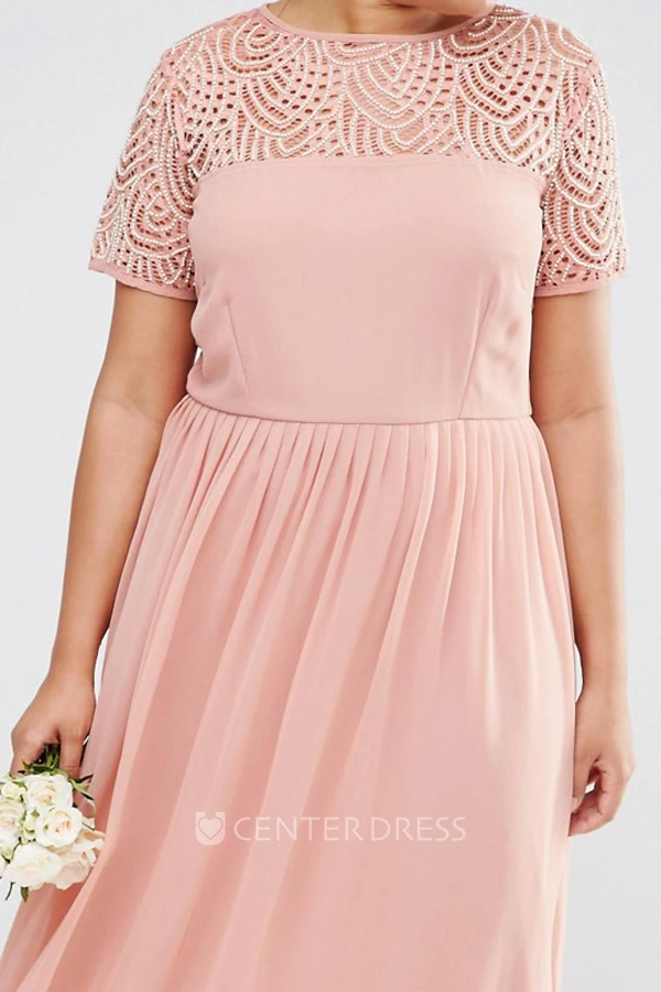 Ankle-Length Beaded Short Sleeve Scoop Neck Chiffon Bridesmaid Dress