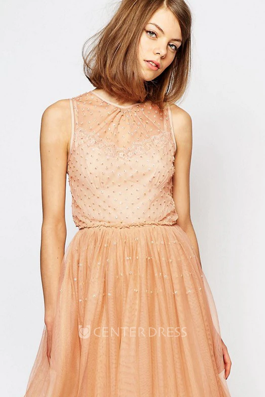 A-Line Beaded Floor-Length Sleeveless Scoop-Neck Tulle Bridesmaid Dress With Pleats