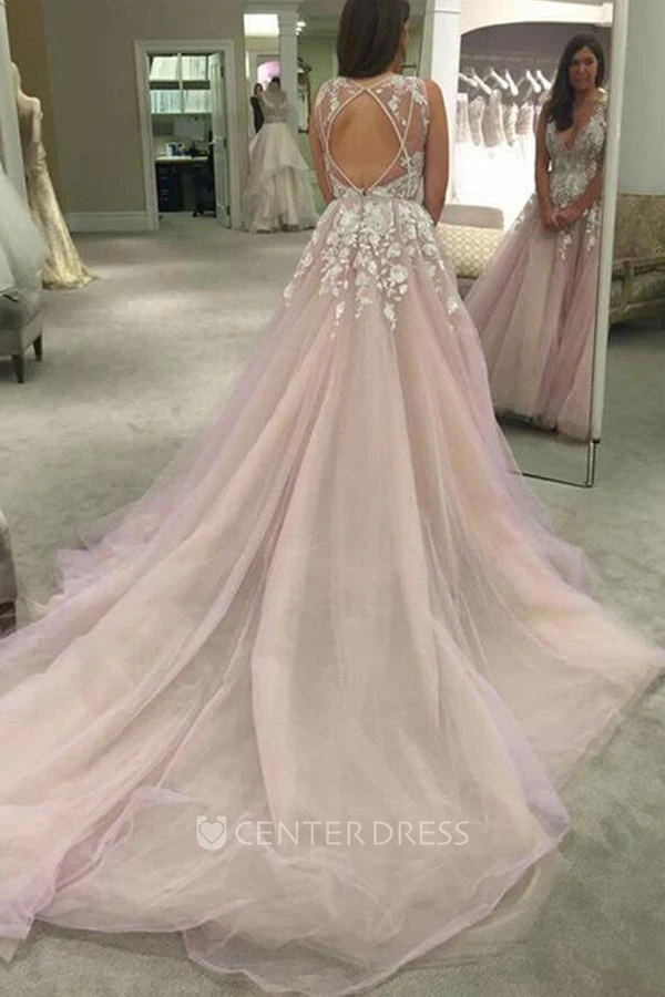 Sexy Sleeveless V-Neck  Tulle Dress With Appliques