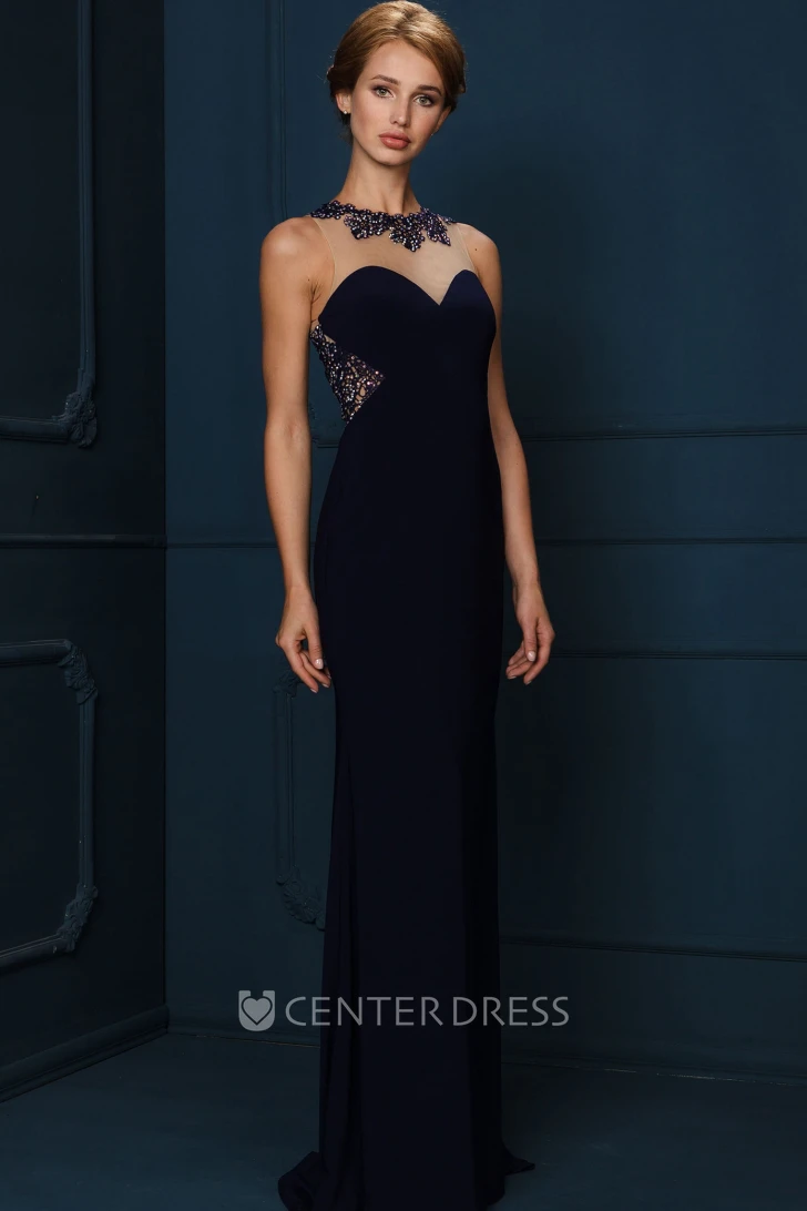 Sheath High-Neck Sleeveless Floor-Length Crystal Jersey Evening Dress