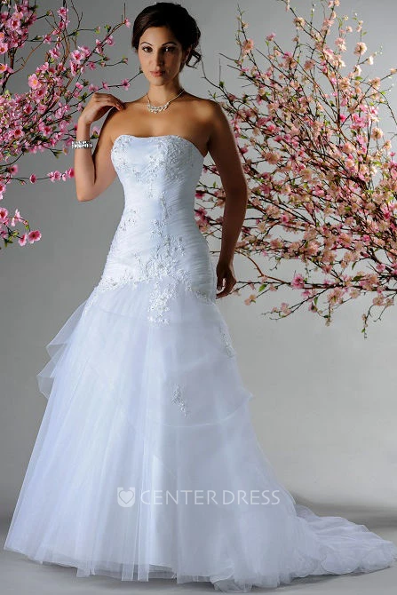 Strapless Applique Pearl Top Bridal Gown With Layered Tulle Skirt