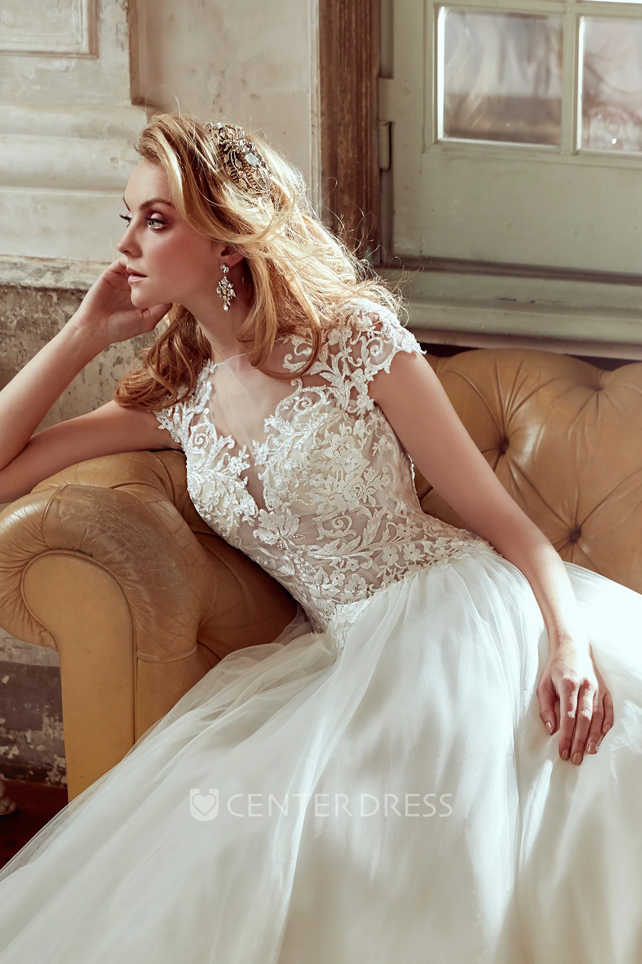 Cap-Sleeve V-Neck A-Line Gown With Lace Bodice And Illusive Back