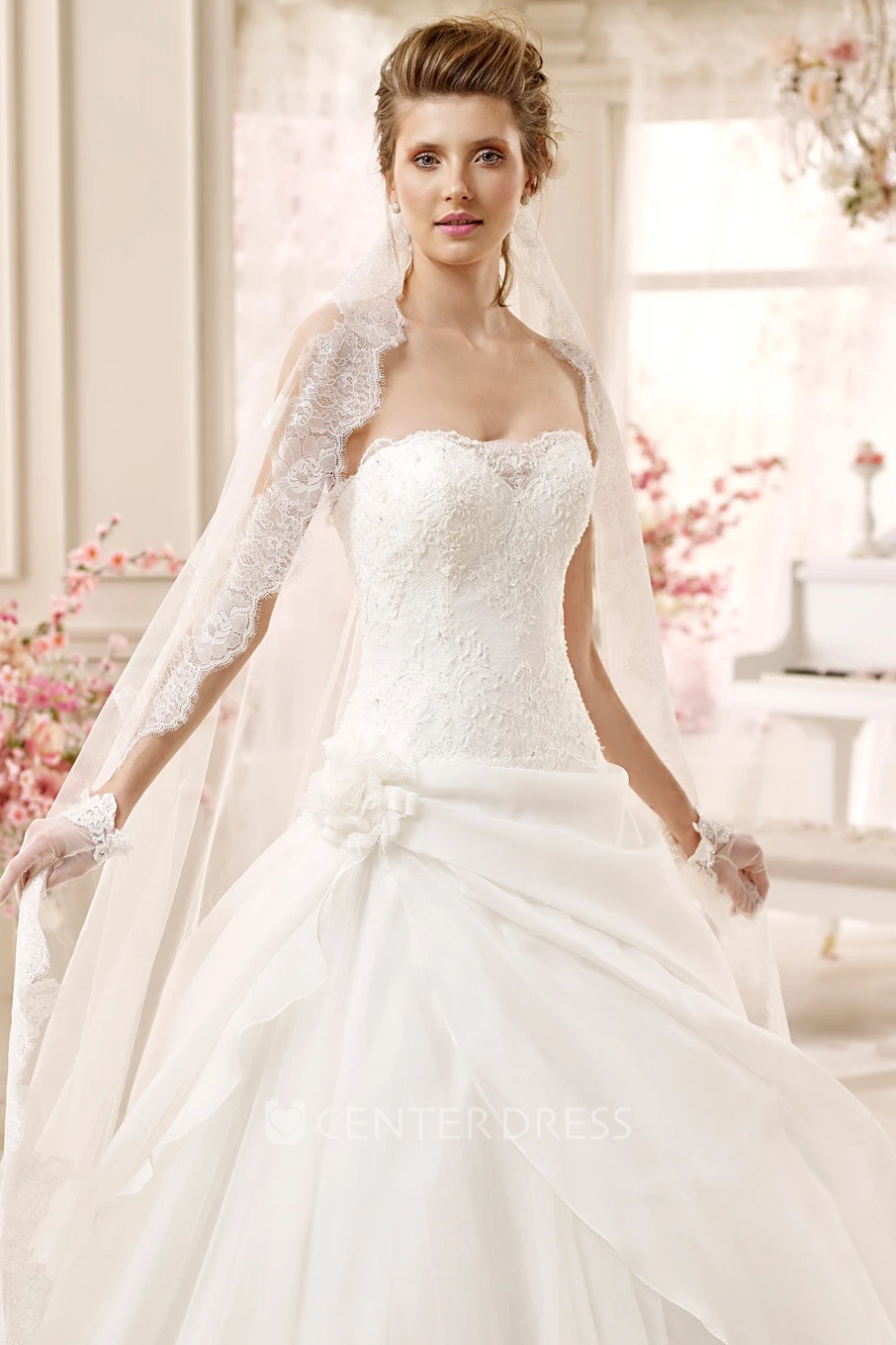 Strapless A-line Wedding Gown with Asymmetrical Overlayer and Flower