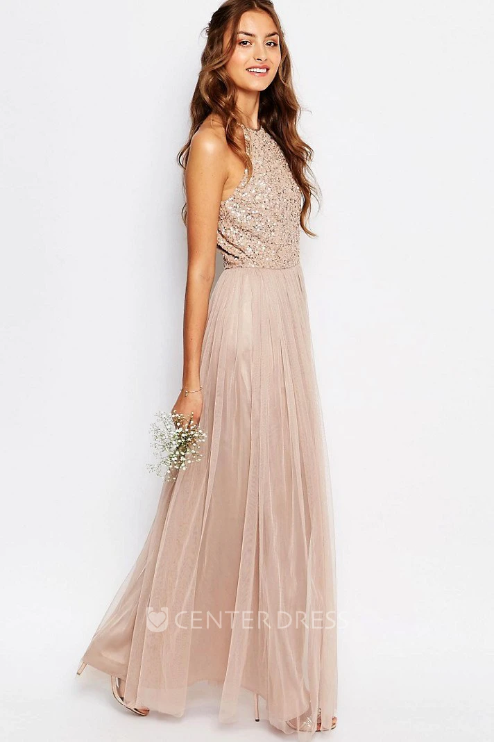 Ankle-Length A-Line High Neck Beaded Sleeveless Tulle Bridesmaid Dress