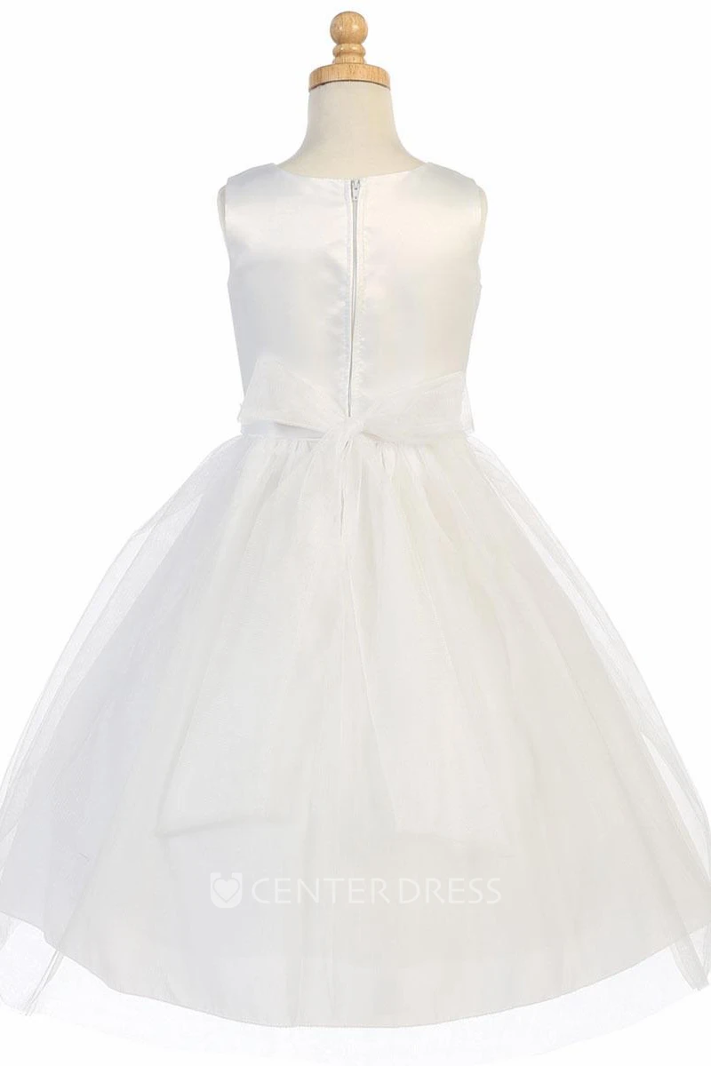 Tea-Length Bowed Tiered Tulle&Organza Flower Girl Dress