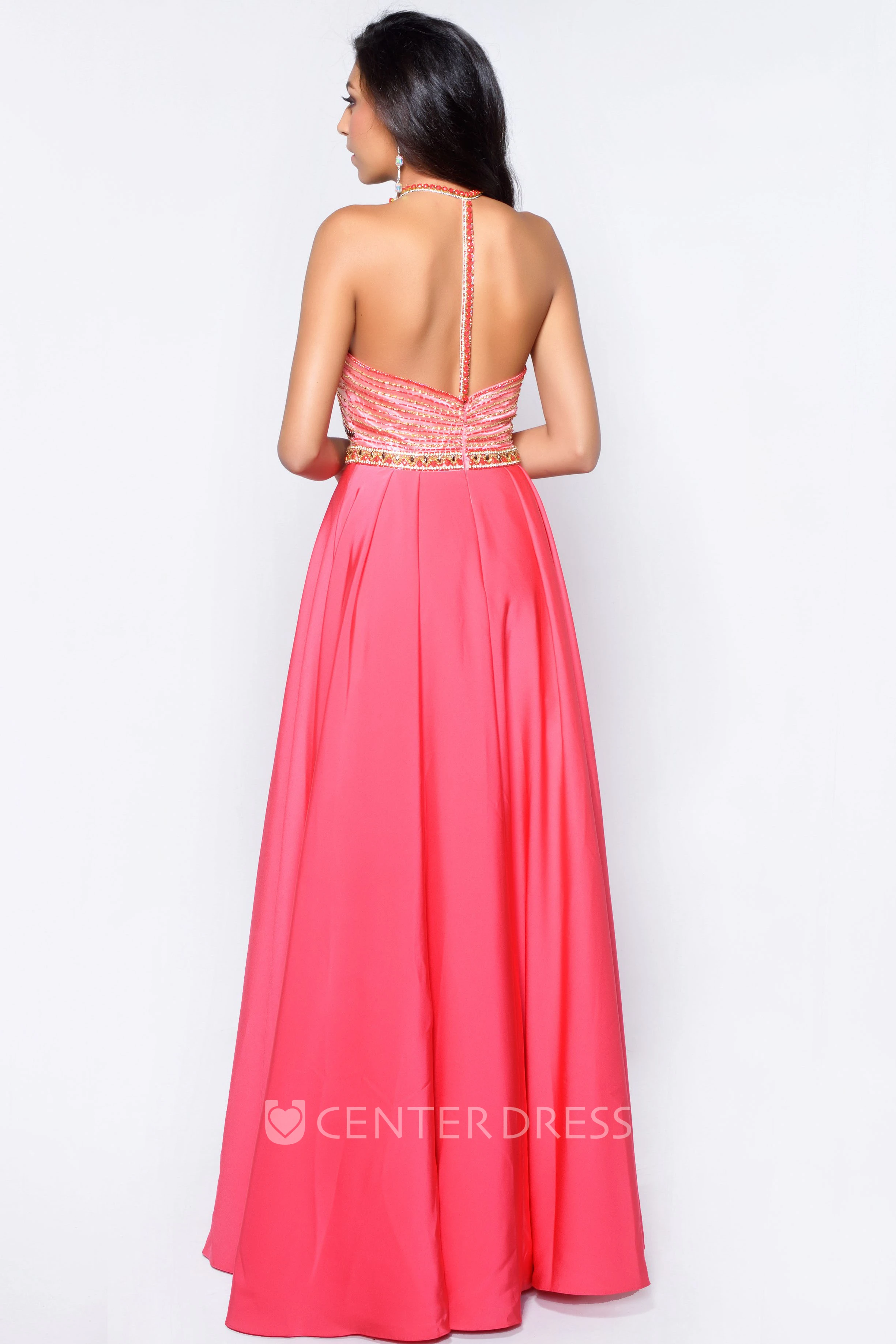 A-Line Scoop-Neck Sleeveless Jersey Dress With Beading And Pleats