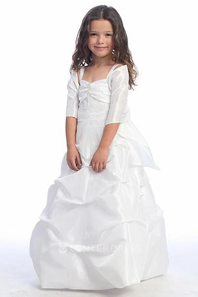 Spaghetti Cape Tiered Taffeta Flower Girl Dress With Pick Up