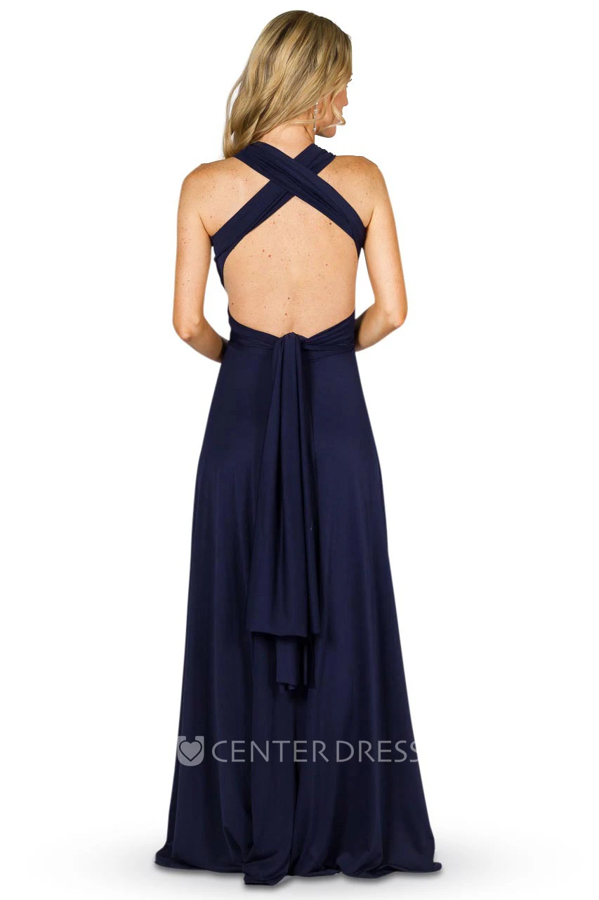 A-Line Haltered Ruched Sleeveless Maxi Chiffon Convertible Bridesmaid Dress