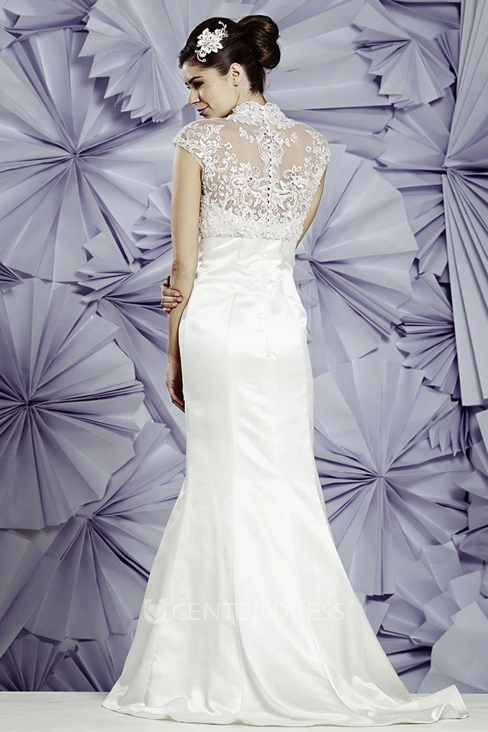 Sheath Floor-Length Beaded Cap-Sleeve High-Neck Stretched Satin Wedding Dress With Appliques