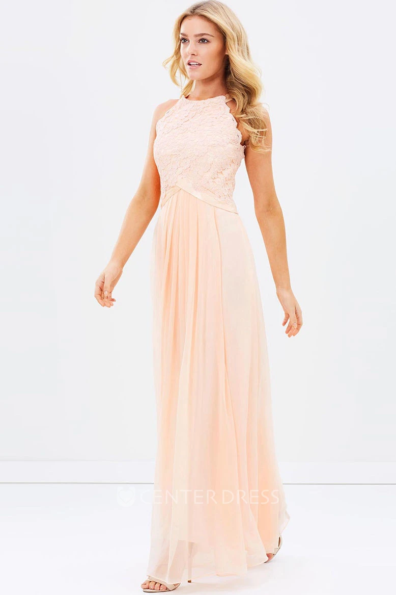 Sleeveless Appliqued Scoop Neck Chiffon Bridesmaid Dress With Ribbon