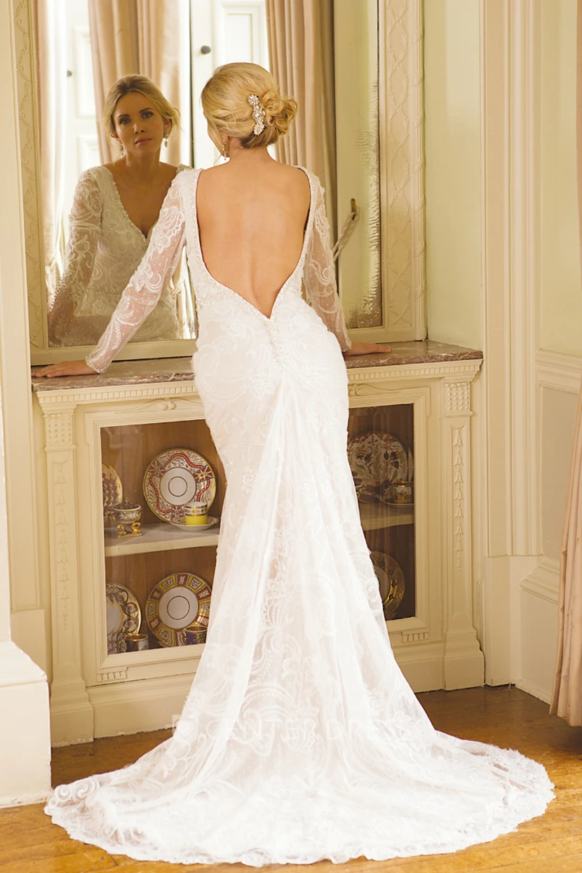 Trumpet V-Neck Long-Sleeve Long Beaded Lace Wedding Dress With Embroidery And Waist Jewellery