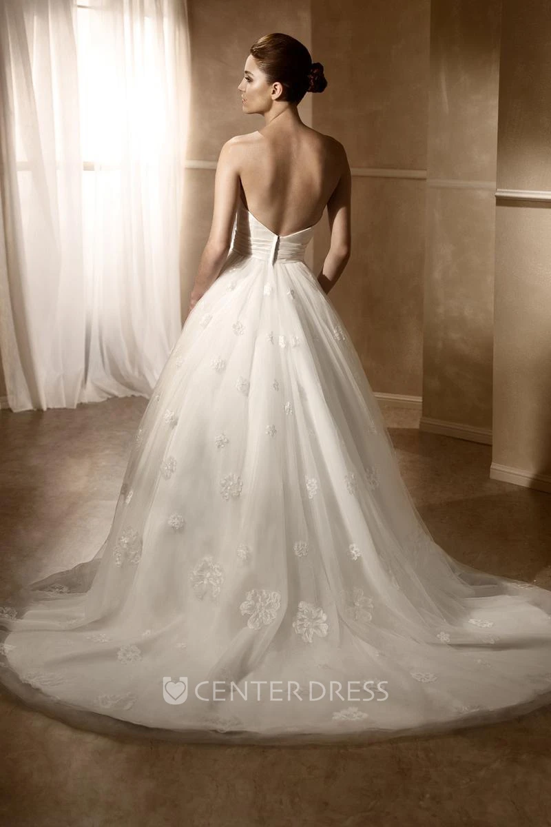 Ball Gown Strapless Long Tulle&Satin Wedding Dress With Appliques And Deep-V Back