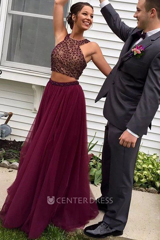 Sleeveless Floor-length A-Line Two Piece High Neck Chiffon Dress