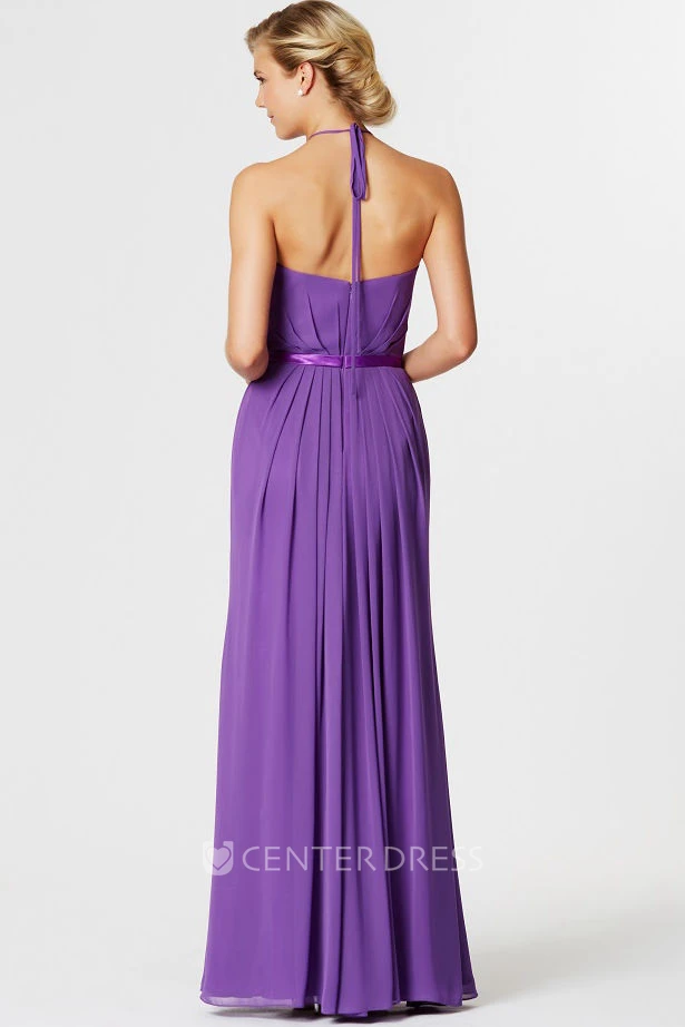 Sleeveless Ribboned High Neck Chiffon Bridesmaid Dress With Ruching