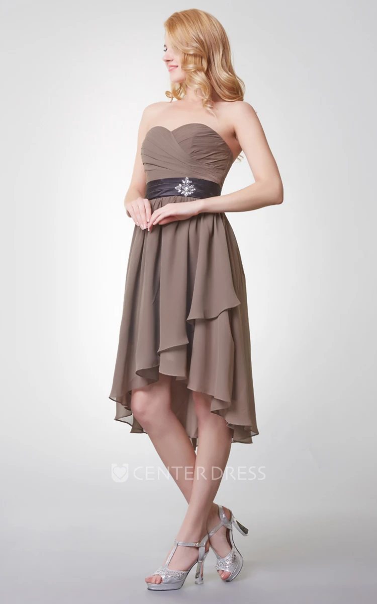 Sleeveless Pleated High Low Chiffon Dress With Beaded Brooch