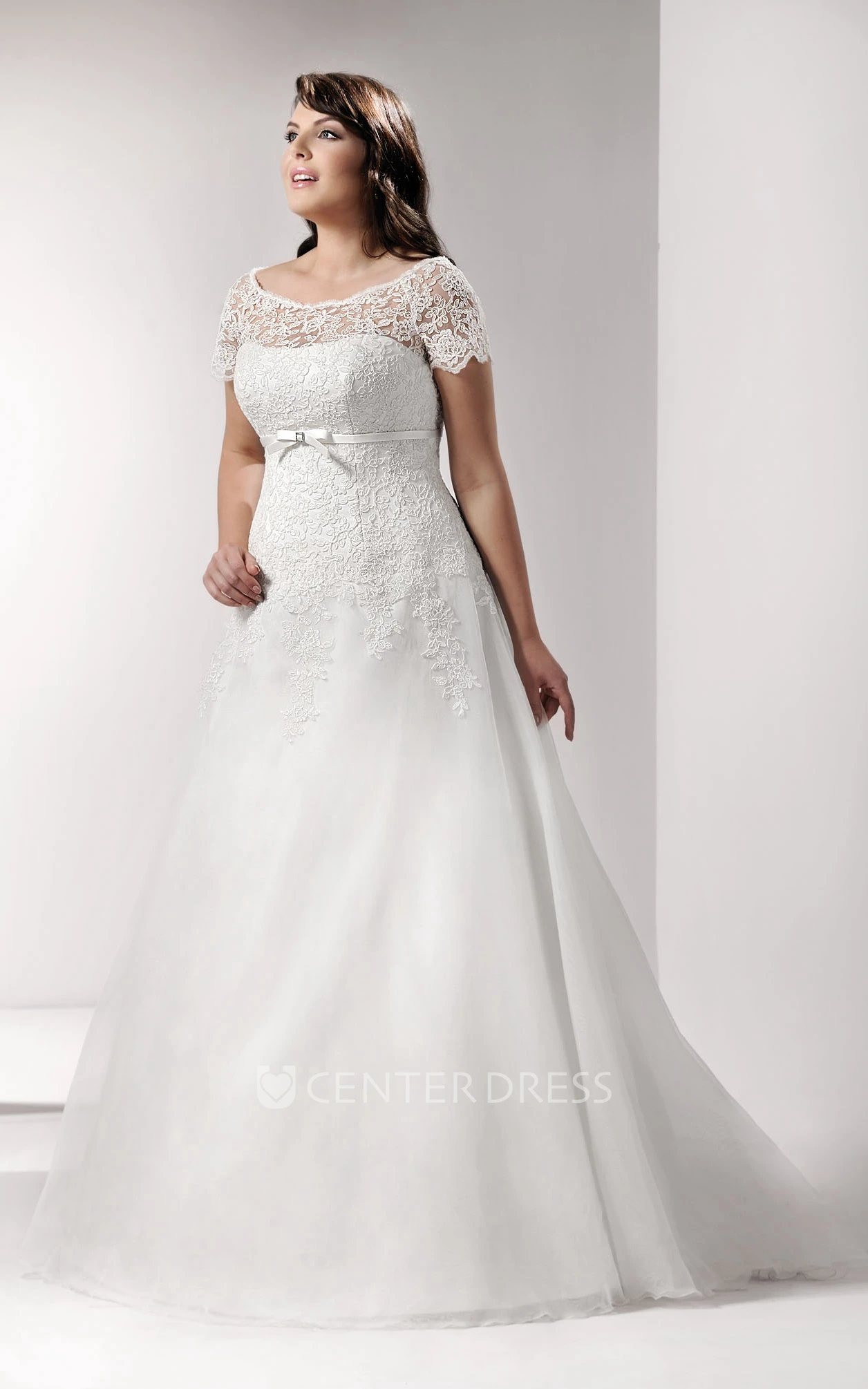 Bateau-Neck Short-Sleeve Lace Dress With Bow