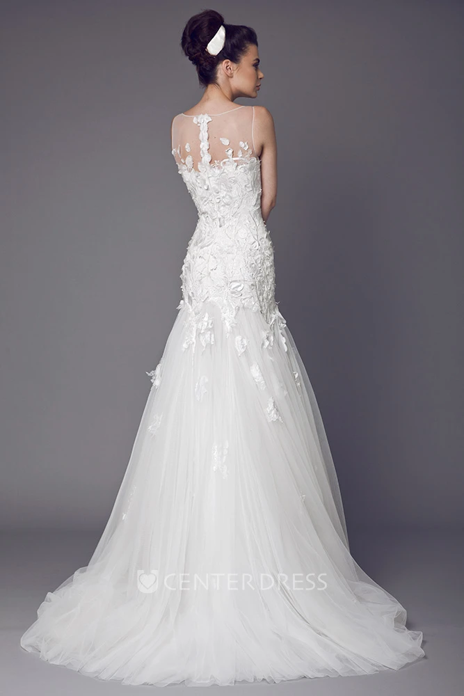Bateau Long Appliqued Tulle Wedding Dress With Court Train And Illusion