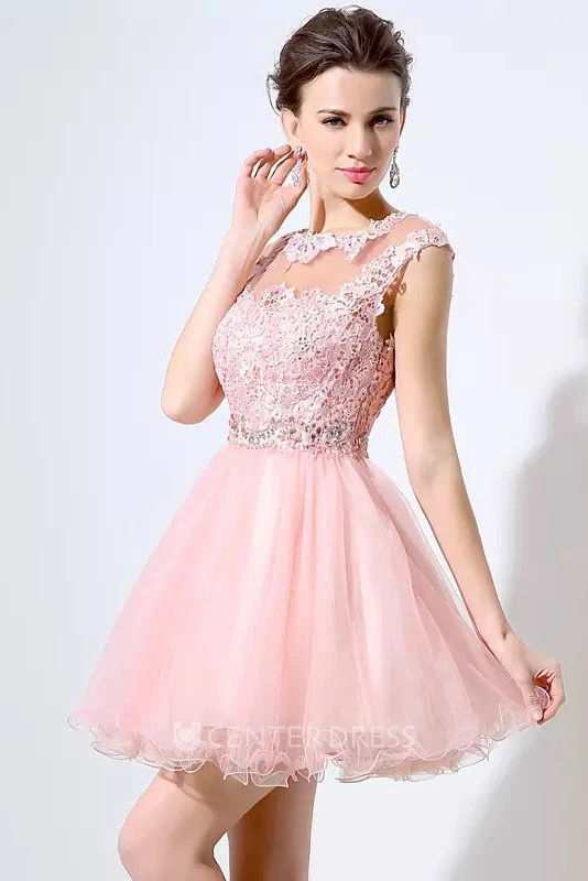 A-line Bateau Short Sleeve Beading Pleats Short Mini Lace Tulle Homecoming Dress