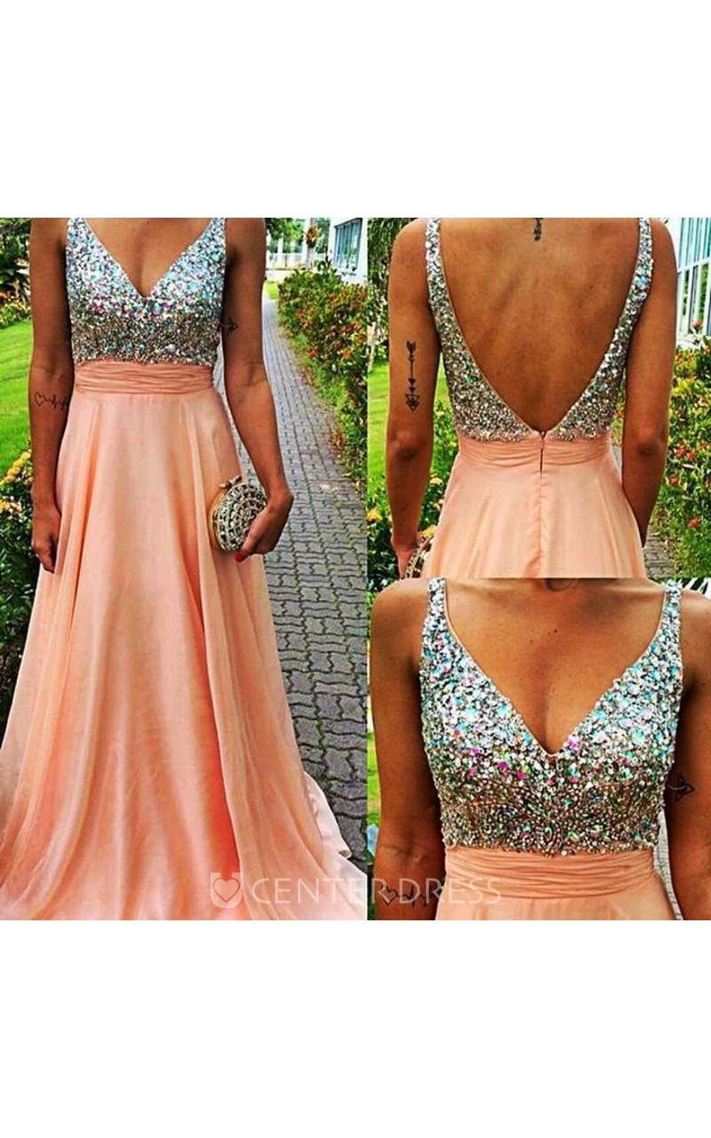 Glamorous V-neck Sleeveless Chiffon Prom Dress With Crystals