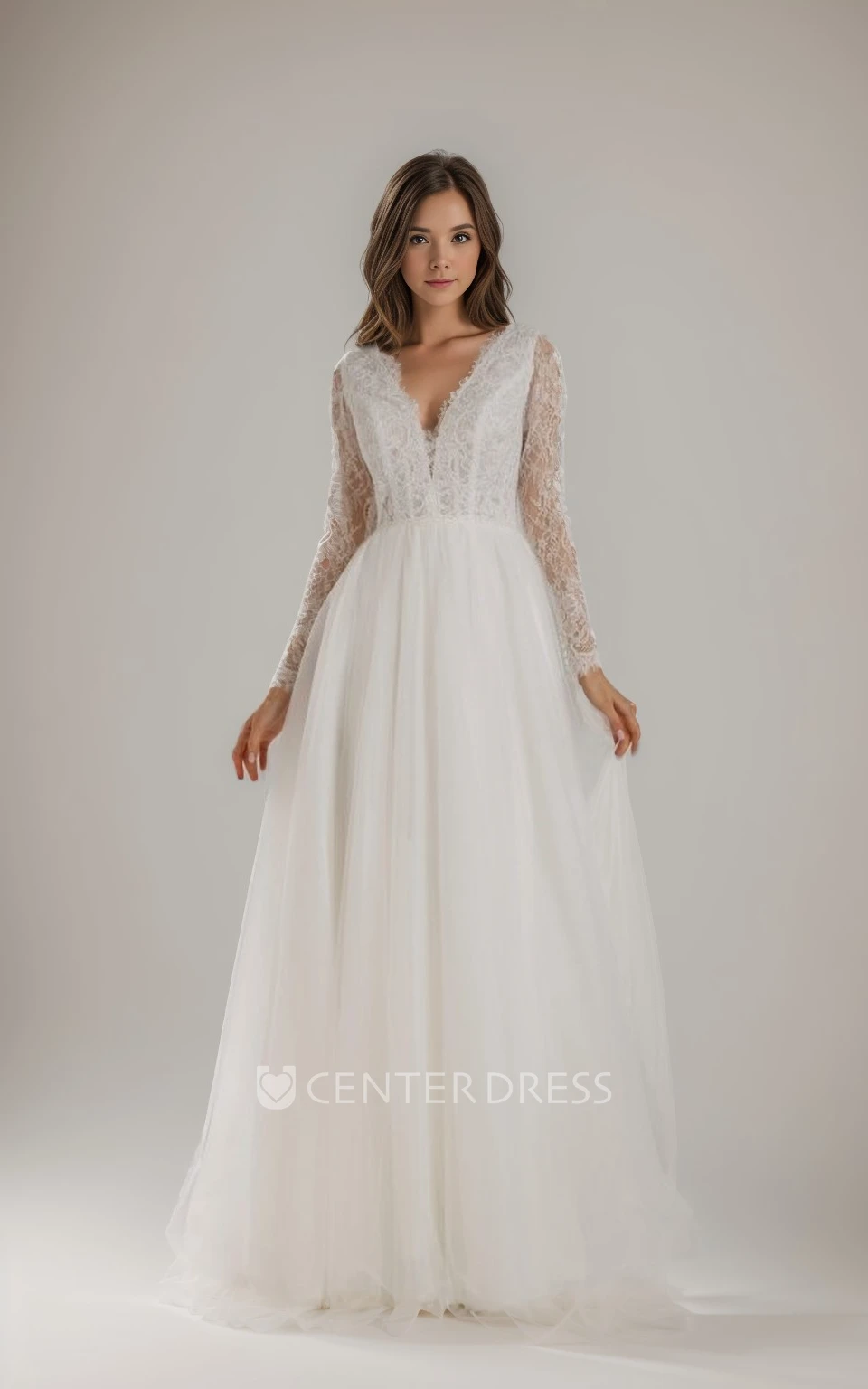 Romantic V-Neck A-Line Lace Warm Wedding Dress with Long Sleeves and Court Train Elegant Garden Gown
