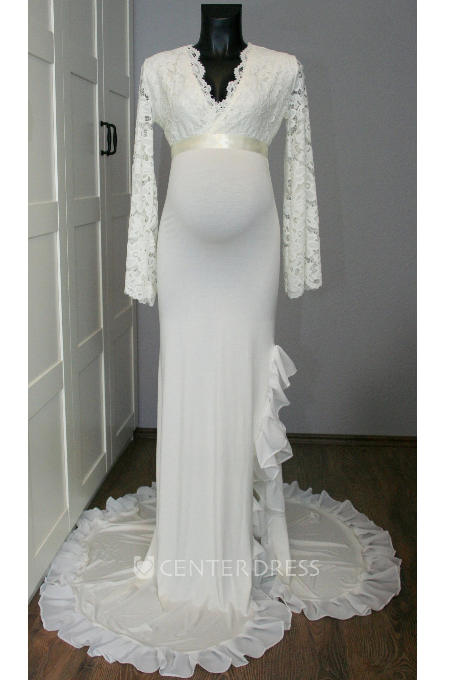 Sheath Sweep Brush Train Long Sleeve Empire Maternity Wedding Dress