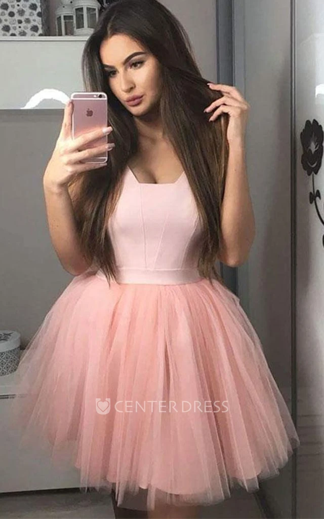 Simple A Line Satin Tulle Square Sleeveless with Ruching Homecoming Dress