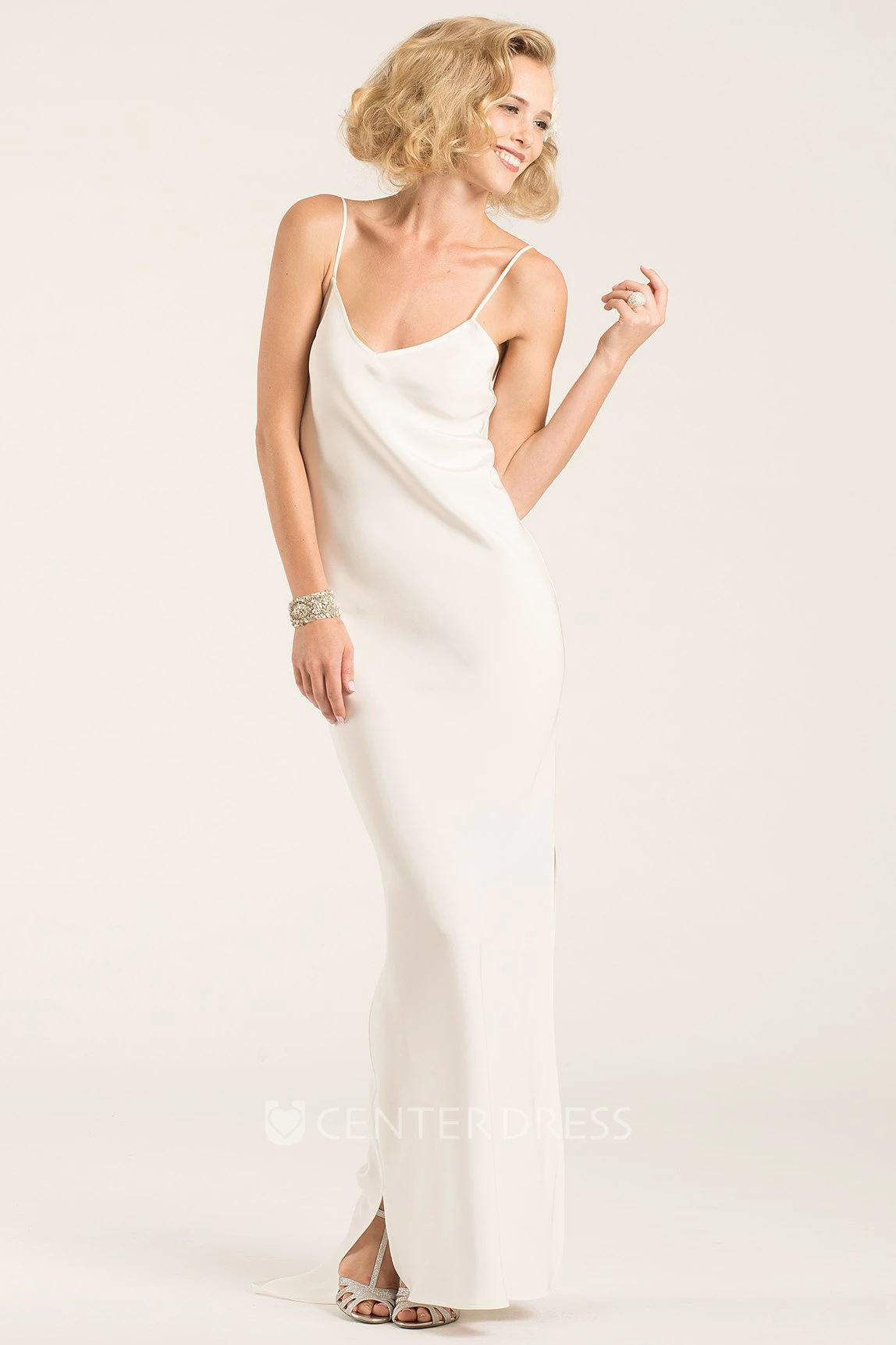 Sheath Split-Back Sleeveless Spaghetti Floor-Length Satin Wedding Dress