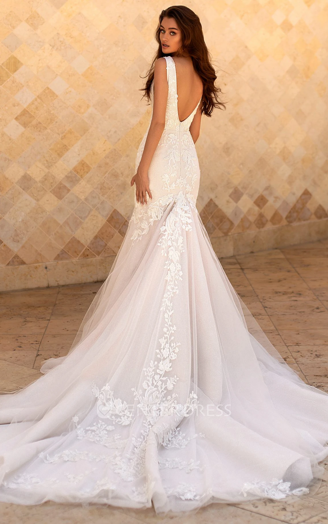 Modest Mermaid Sleeveless Floor-length Lace Deep-V Back Wedding Dress with Appliques