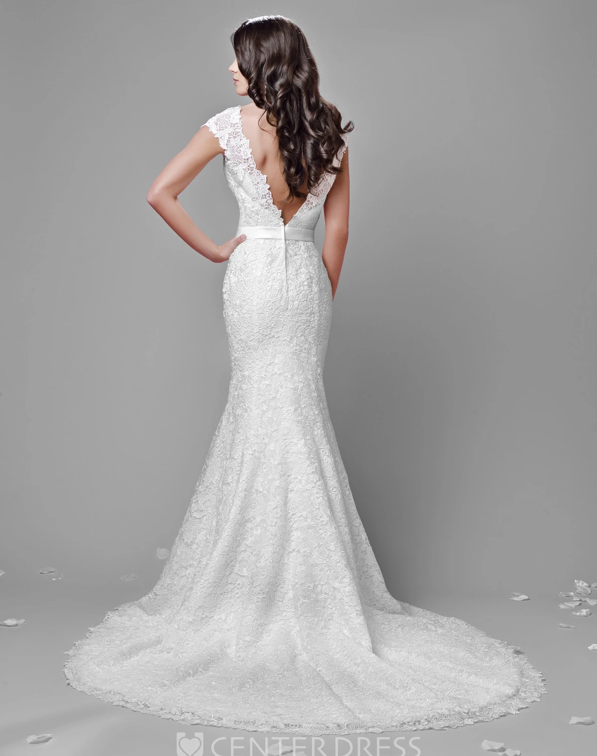 Cap Sleeve Mermaid Lace Wedding Dress With Deep V-Back