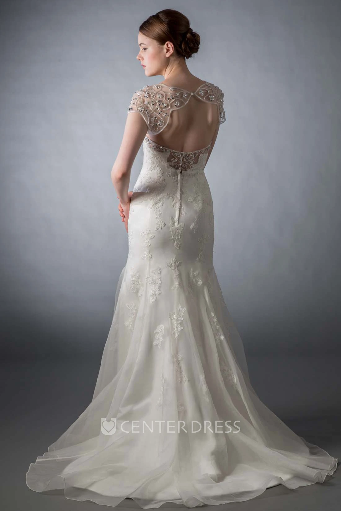 Mermaid Scoop-Neck Cap-Sleeve Beaded Tulle&Lace Wedding Dress With Keyhole