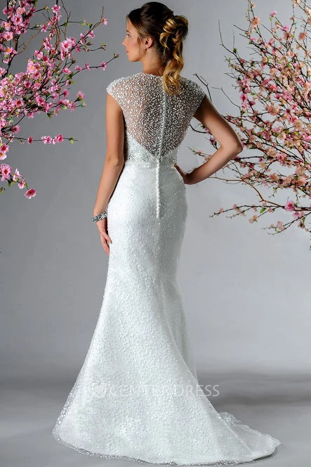 Cap Sleeve Sequined Mermaid Bridal Gown With Beading Waist
