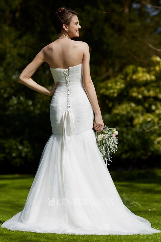 Sweetheart Floor-Length Ruched Tulle Wedding Dress With Brush Train And Lace Up