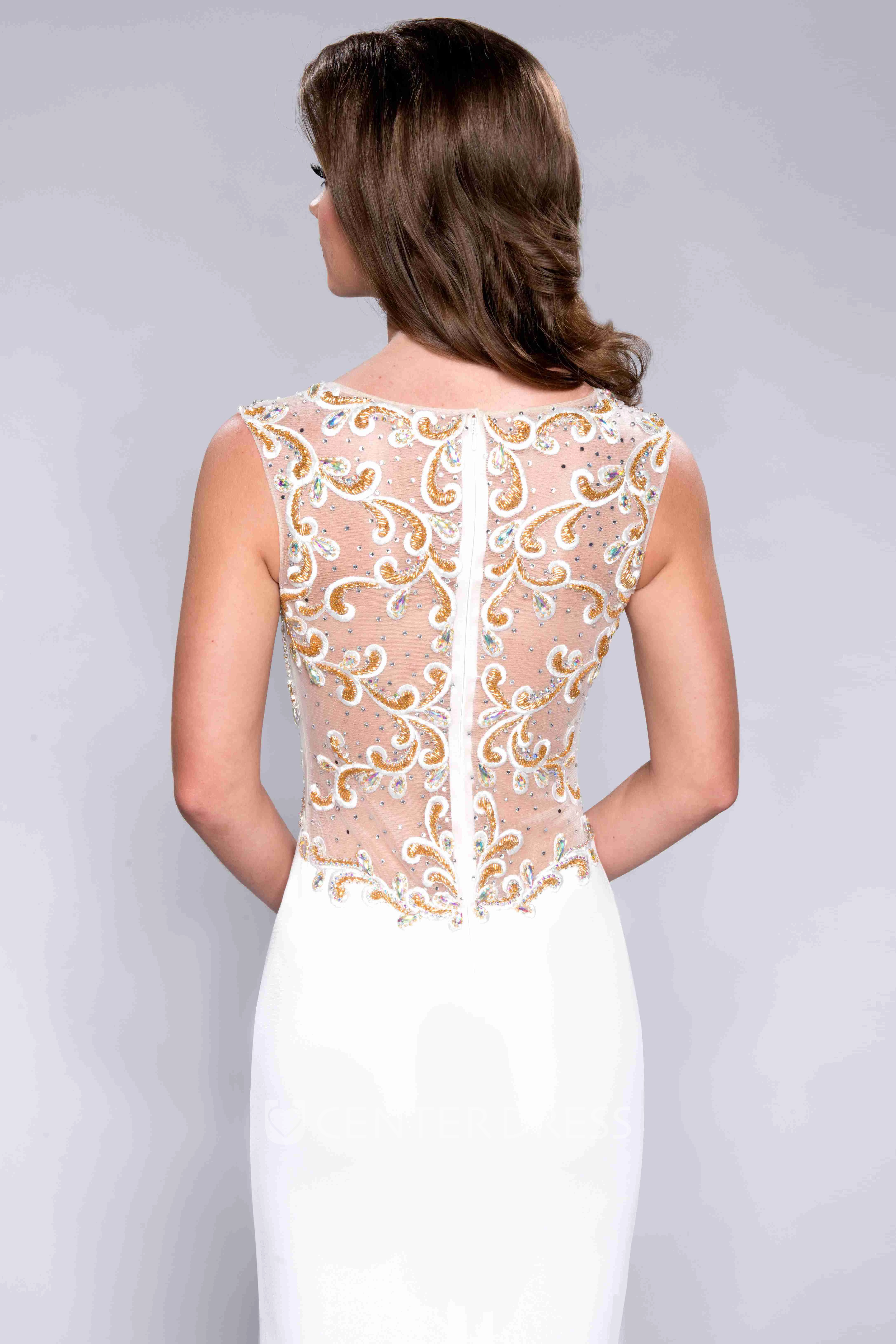 Bateau Neck Jersey Sheath Sleeveless Prom Dress With Jeweled Illusion Design