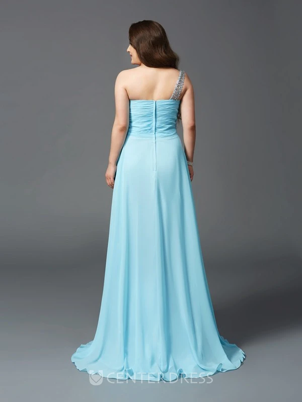 A-line Floor-length One-shoulder Sleeveless Chiffon Criss cross Beading Pleats Dress