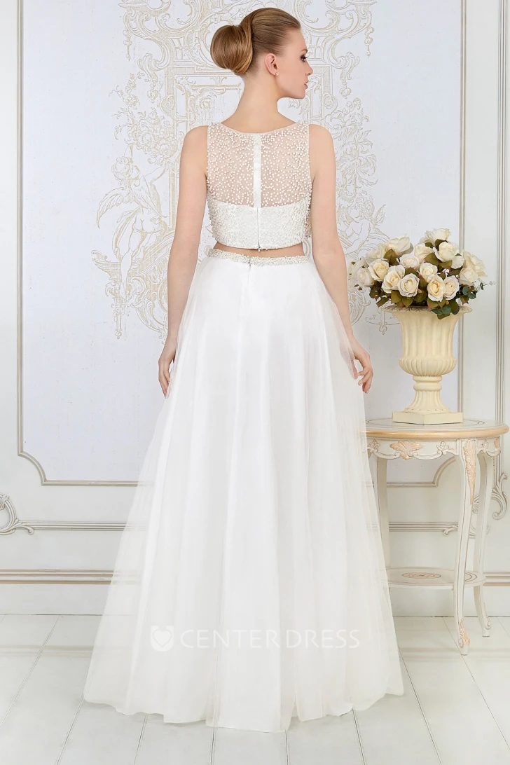 A-Line Sleeveless Floor-Length Beaded Scoop-Neck Prom Dress