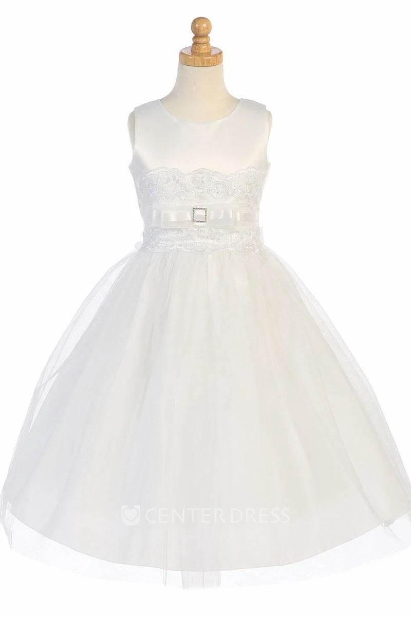 Tea-Length Bowed Tiered Tulle&Organza Flower Girl Dress
